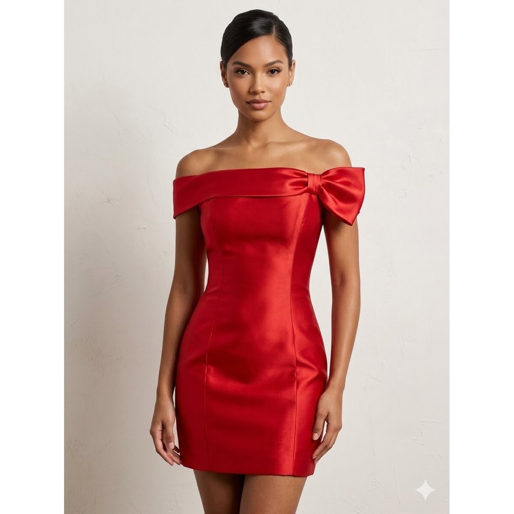 Mon Cheri Red Satin Off The Shoulder Bow Mini Dress Cutout Back 21708S